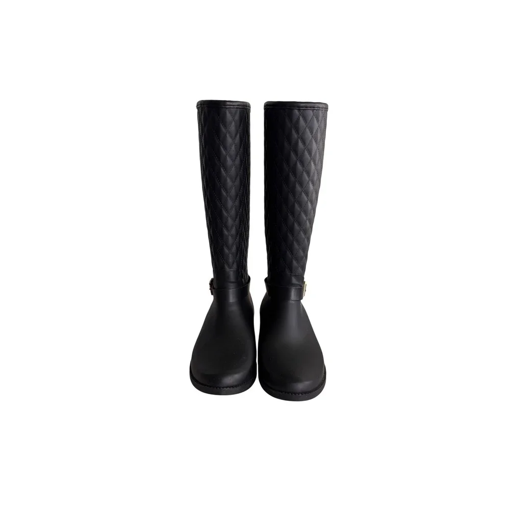 Guess GWJULUE Black Quilted Tall Rain Boots Matte Buckle Detail Womens 9